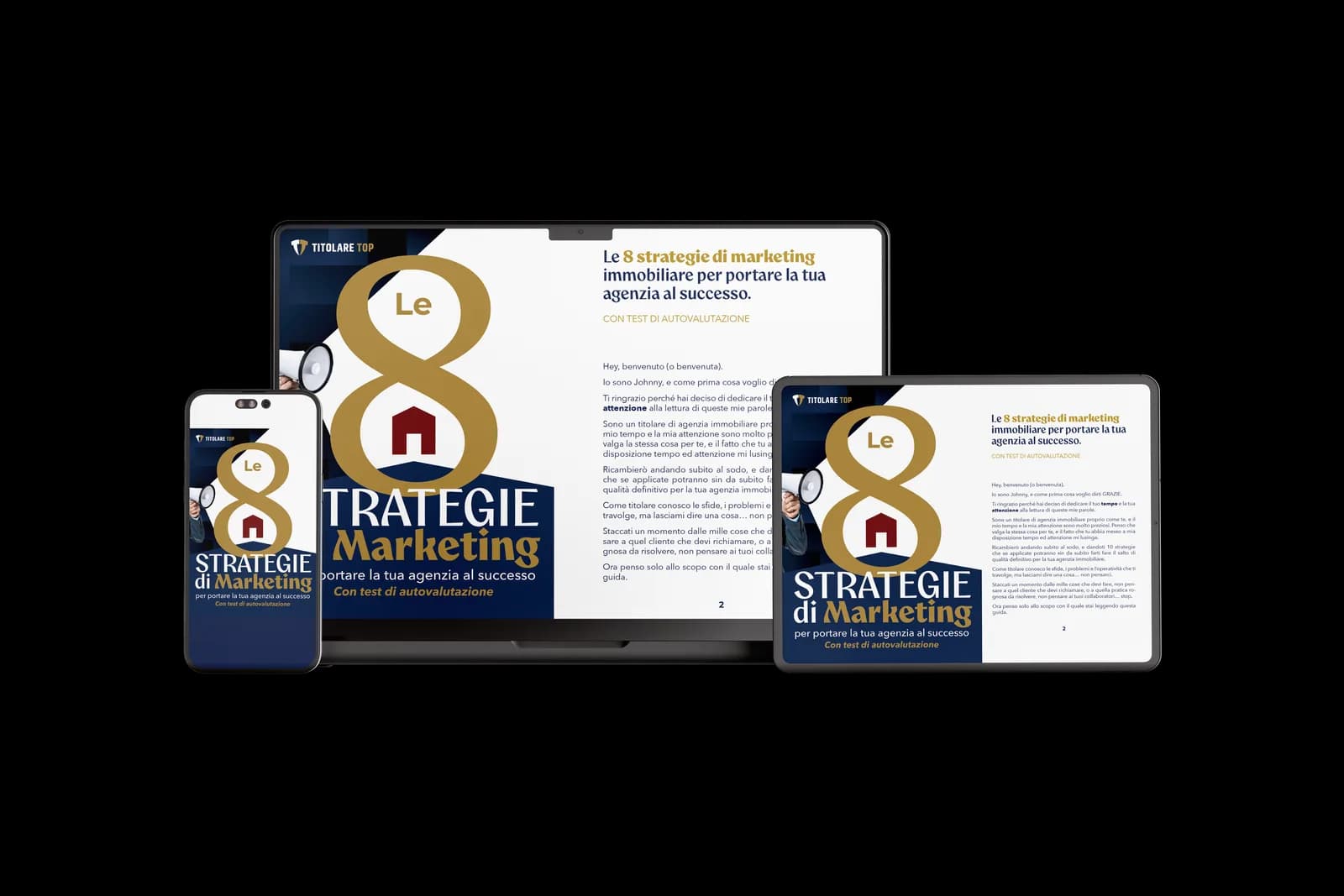 Il PDF gratuito con le 8 strategie di marketing immobiliare, mostrato su computer, tablet e smartphone